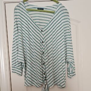 Democracy 2x Button Up Tie Front 3/4 Sleeve Teal Stripe V Neck